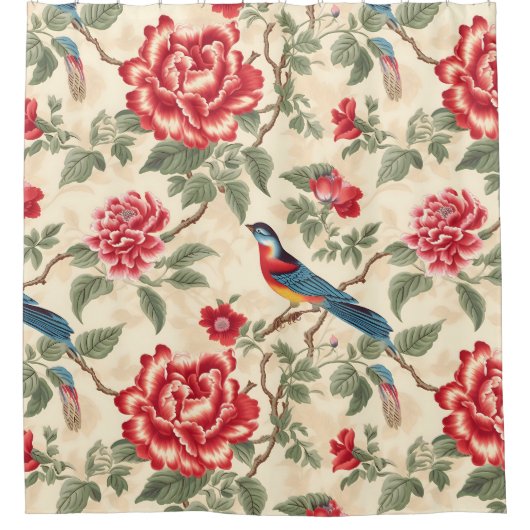 beige chinoiserie douchegordijn (Voorkant)