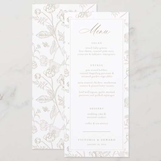 Beige Chinoiserie Floral Wedding Menu (Voorkant / Achterkant)