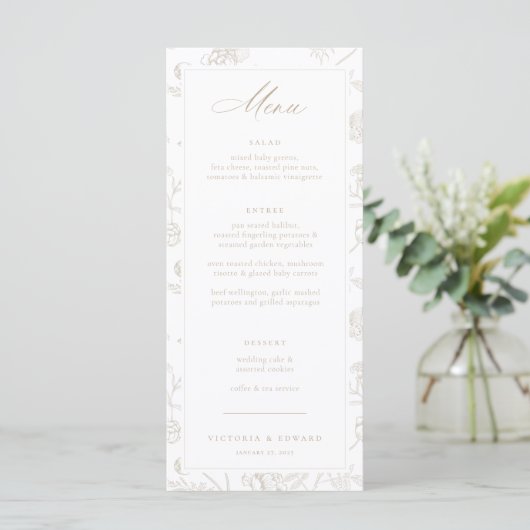 Beige Chinoiserie Floral Wedding Menu (Staand voorkant)