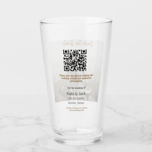 BEIGE CLASSIC ELEGANT PAAR QR SAVE THE DATE GLAS (Achterkant)