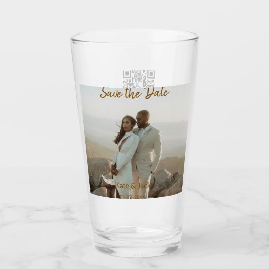 BEIGE CLASSIC ELEGANT PAAR QR SAVE THE DATE GLAS (Voorkant)