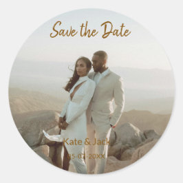 BEIGE CLASSIC ELEGANT PAAR QR SAVE THE DATE RONDE STICKER