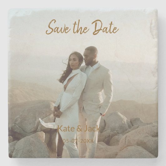 BEIGE CLASSIC ELEGANT PAAR QR SAVE THE DATE STENEN ONDERZETTER (Voorkant)