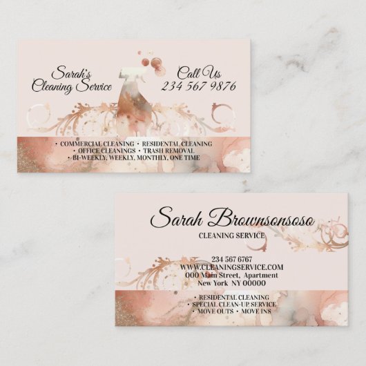Beige Classy Maid Cleaning Services Watercolor Visitekaartje (Voorkant / Achterkant)