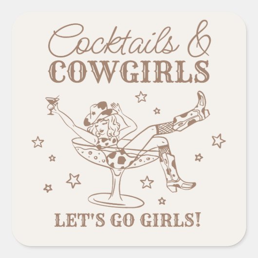 Beige Cocktails en Cowgirls Rodeo Bachelorette-fee Vierkante Sticker (Voorkant)