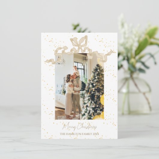 Beige Coquette Bow Foto Kerstmis Feestdagenkaart (Staand voorkant)