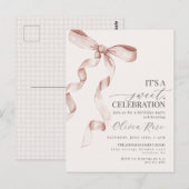 Beige Coquette Bow Girl Verjaardagsfeestje Uitnodi Briefkaart (Voorkant / Achterkant)