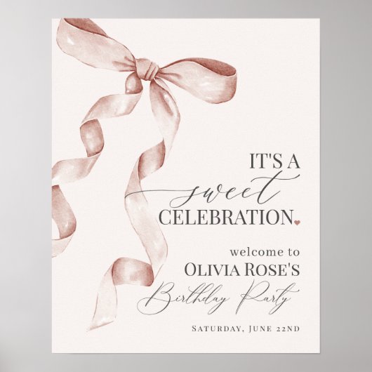 Beige Coquette Bow Verjaardagsfeest Welkomstbord Poster (Voorkant)