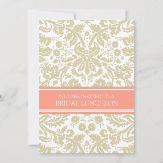 Beige Coral Damask Bridal Lunch Invitation Kaart (Voorkant)