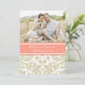Beige Coral Damask Foto repesal Dinner Party Kaart (Staand voorkant)