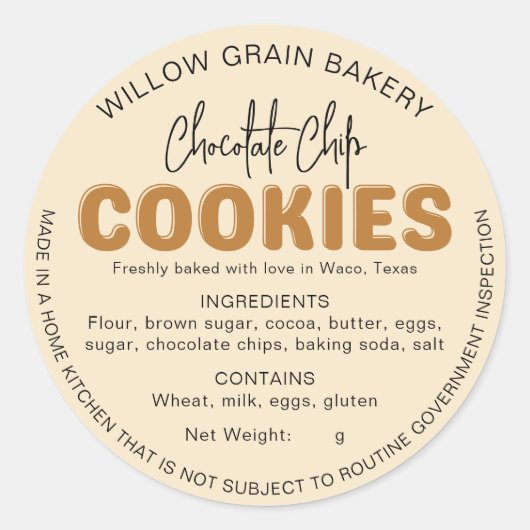 Beige Cottage Cookie Ingredientenlijst Sticker (Voorkant)
