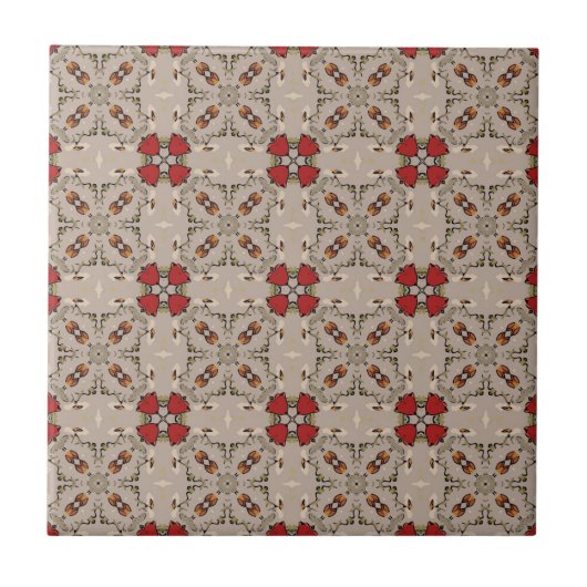 Beige cranberry rood vierkant patroon geometrisch tegeltje (Voorkant)