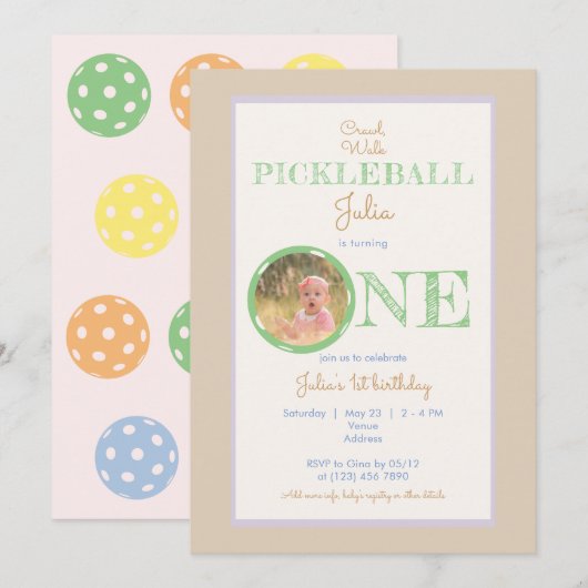 Beige Crawl Walk Pickleball thema 1e verjaardag Kaart (Voorkant / Achterkant)