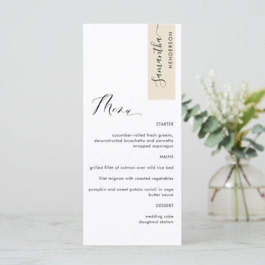 Beige Cream die met de Naam van de Gast Elegant wo Menu (Staand voorkant)