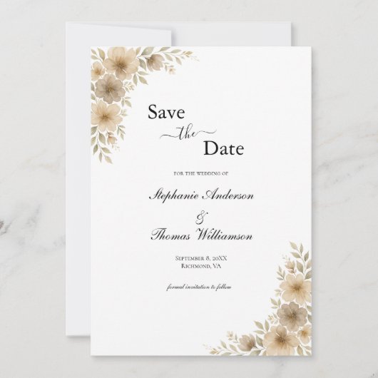 Beige Cream Grijs Bloemen Elegante Moderne QR code Save The Date (Voorkant)