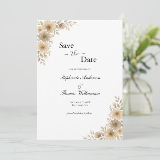 Beige Cream Grijs Bloemen Elegante Moderne QR code Save The Date (Staand voorkant)