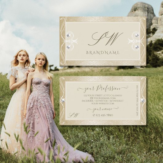 Beige Cream Mosaic  Sparkle Jewels Monogram Visitekaartje