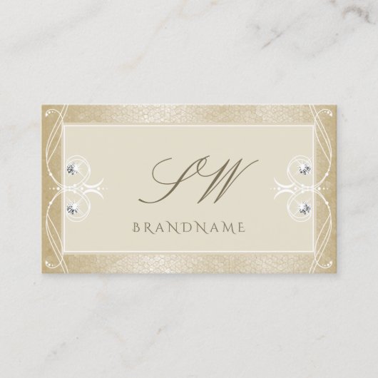 Beige Cream Mosaic  Sparkle Jewels Monogram Visitekaartje (Voorkant)
