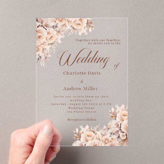 Beige crème bloemen duidelijke bruiloft acryl uitnodigingen (Insitu (Draagbaar))