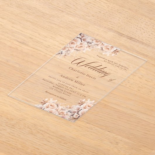 Beige crème bloemen duidelijke bruiloft acryl uitnodigingen (Laagn)
