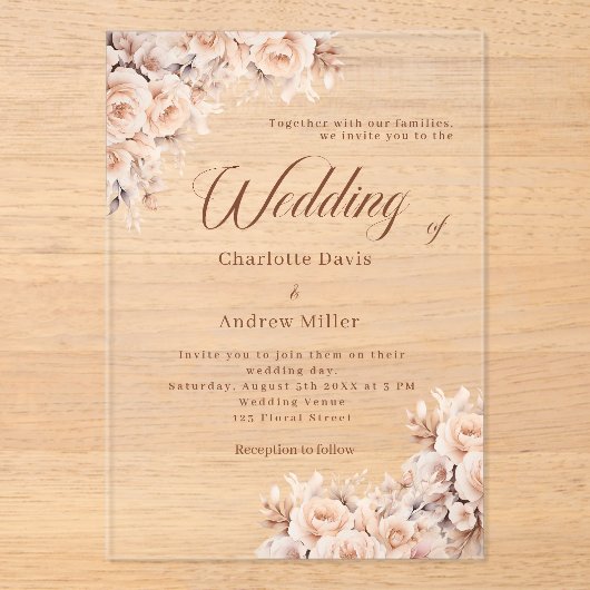 Beige crème bloemen duidelijke bruiloft acryl uitnodigingen (Voorkant)