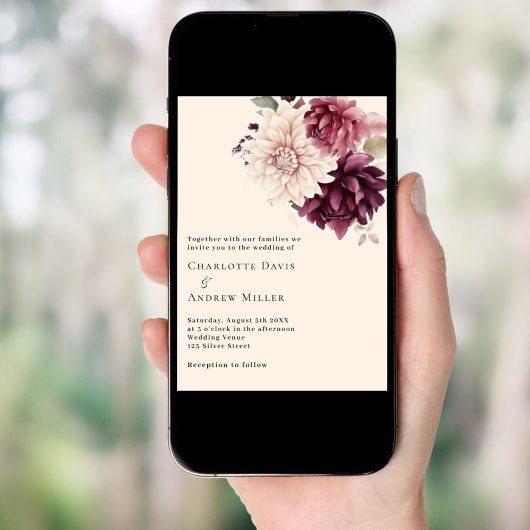 Beige crème bordeaux bloemen bruiloft kaart