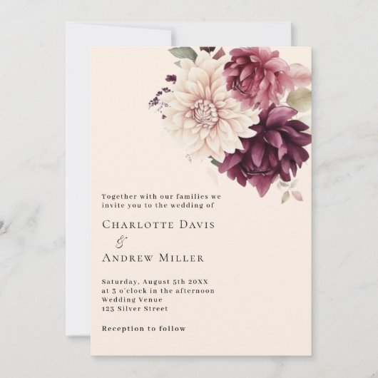 Beige crème bordeaux bloemen bruiloft kaart (Voorkant)