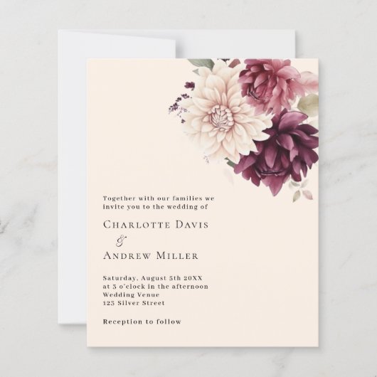 Beige crème bordeauxbloemen huwelijksuitnodiging (Voorkant)