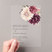 Beige crème bordeauxrode bloemen duidelijke bruilo acryl uitnodigingen (Insitu (Draagbaar))