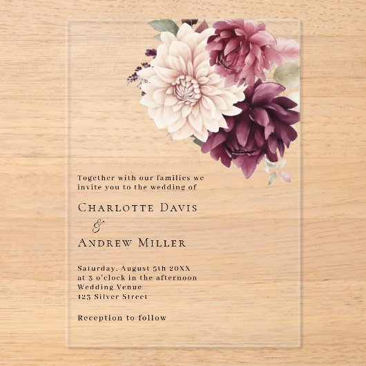 Beige crème bordeauxrode bloemen duidelijke bruilo acryl uitnodigingen (Voorkant)