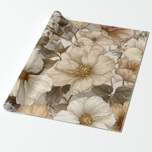Beige Crème Bruin Bloem Pastel Boho Jaren 70 Vinta Cadeaupapier