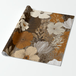 Beige Crème Bruin Bloem Pastel Boho Jaren 70 Vinta Cadeaupapier