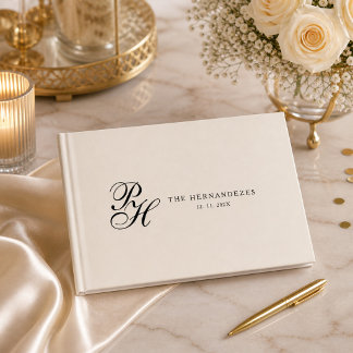 Beige Crème Elegant Script Monogram Huwelijk Gastenboek