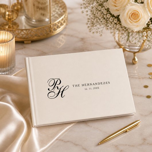 Beige Crème Elegant Script Monogram Huwelijk Gastenboek