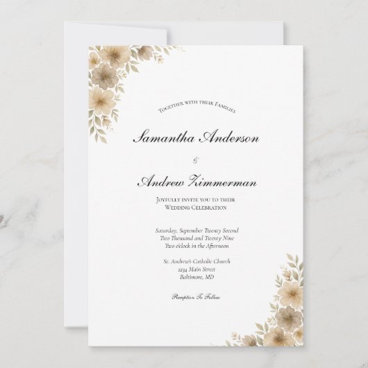 Beige Crème Grijs Neutraal Bloemen Elegante Huweli Kaart (Voorkant)