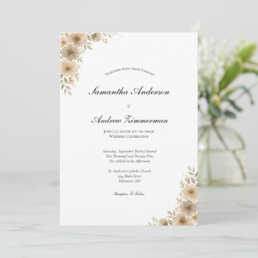 Beige Crème Grijs Neutraal Bloemen Elegante Huweli Kaart (Staand voorkant)