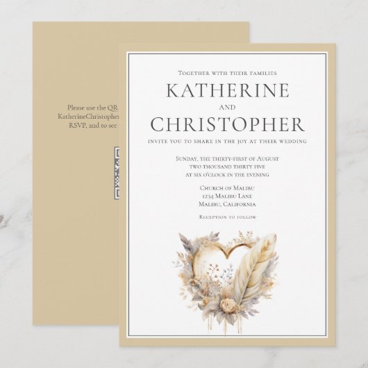 Beige crème grijs veren hart boho bruiloft kaart (Voorkant / Achterkant)