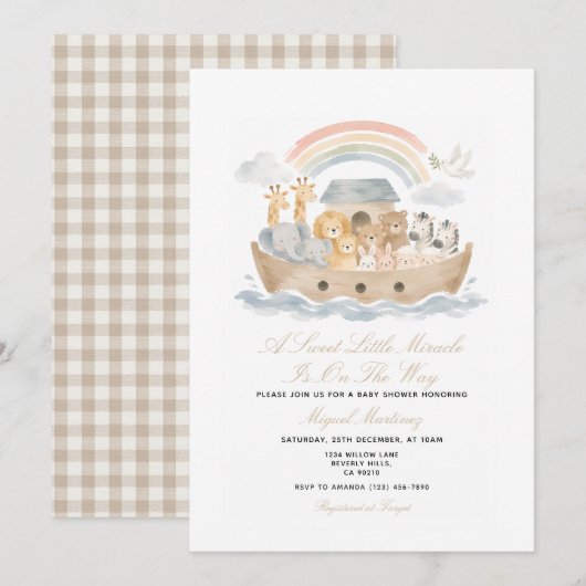 Beige Crème Noach's Ark Babyshower Uitnodiging (Voorkant / Achterkant)