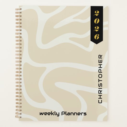 Beige Crème Organisch Patroon met Aangepast Letter Planner (Voorkant)