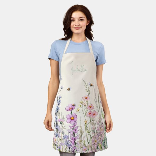 Beige crème roze paarse wilde bloemen naam schort (Gedragen)