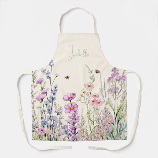 Beige crème roze paarse wilde bloemen naam schort (Voorkant)