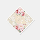 Beige crème roze rozen bloemen monogram bruiloft servet (Hoek)