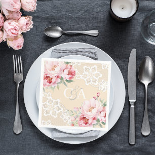 Beige crème roze rozen bloemen monogram bruiloft servet