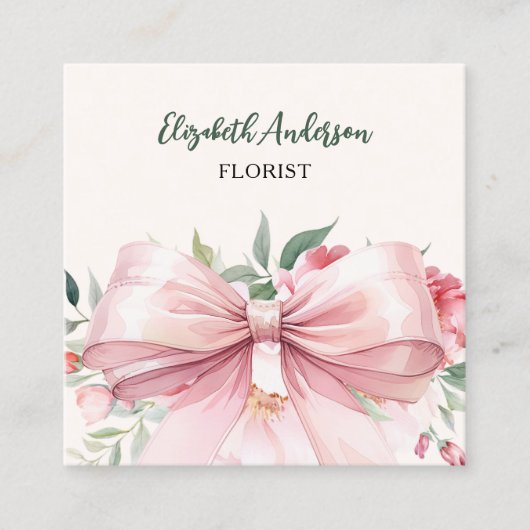 Beige crème roze strik bloemen QR code social medi Vierkante Visitekaartje (Voorkant)