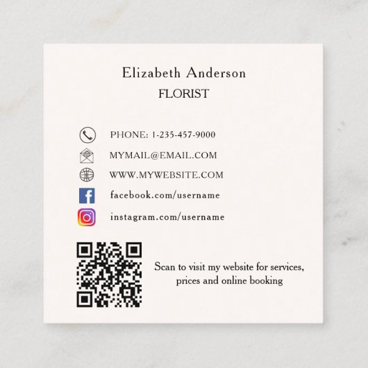Beige crème roze strik bloemen QR code social medi Vierkante Visitekaartje (Achterkant)