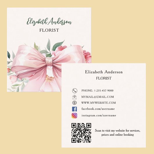 Beige crème roze strik bloemen QR code social medi Vierkante Visitekaartje