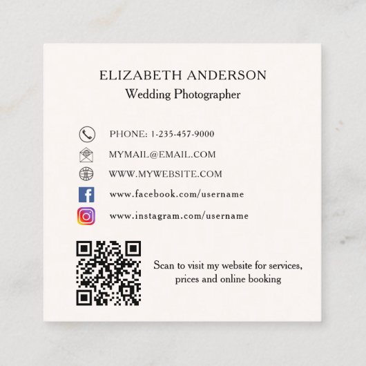 Beige crème roze strik QR code social media Vierkante Visitekaartje (Achterkant)
