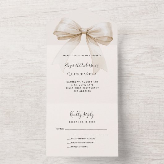 Beige crème strik Quinceanera rsvp All In One Uitnodiging (Binnen)