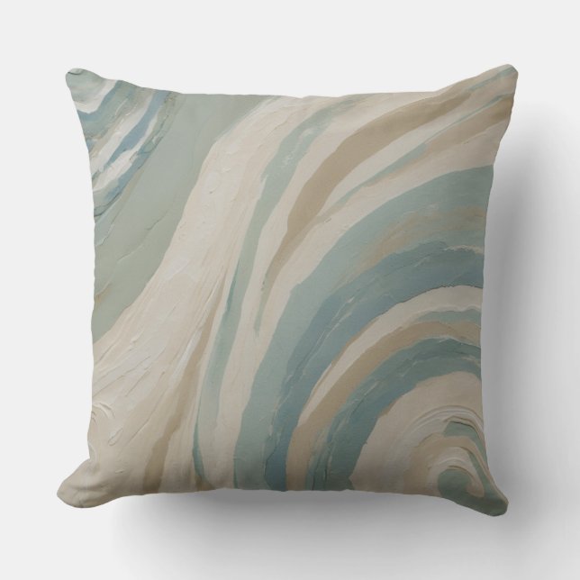 Beige Crème Teal Blauwe Groene Golven Kussen (Voorkant)