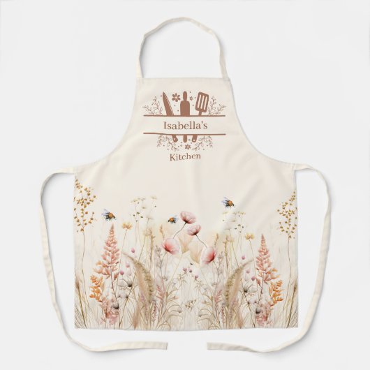 Beige crème waterverf wilde bloemen roze boho schort (Voorkant)